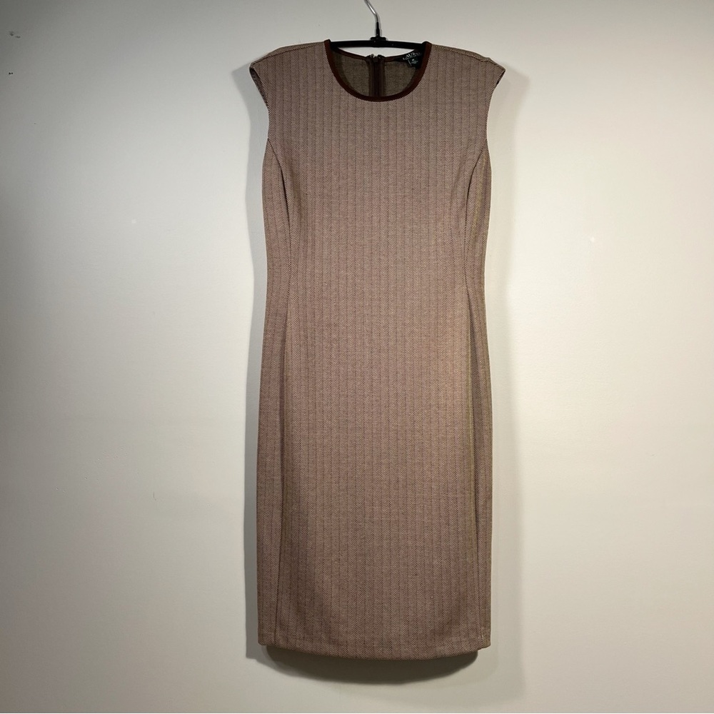 Lauren Ralph Lauren Taupe Ribbed Midi Dress with Dark Brown Trim